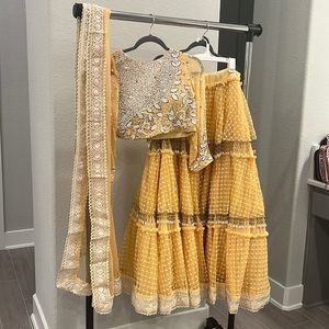 Cream lehenga…layered skirt with sequin top and laced dupatta…Indian clothing